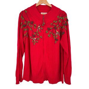 Coldwater Creek size 1X Red Embroidered Bird Cardigan Sweater zip Cotton